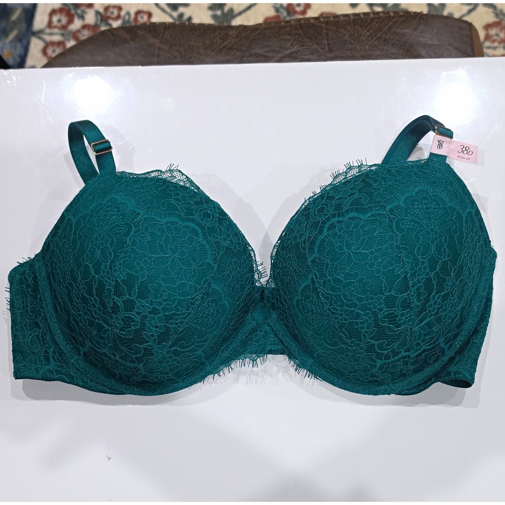 Victoria's Secret Green Floral Lace Dream Angels Push-Up Underwire Bra 38D